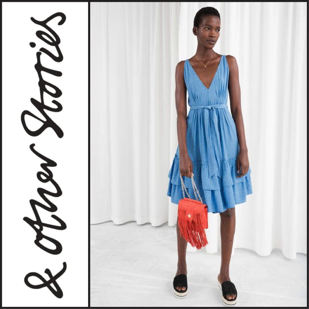 & Other Stories Blue Tiered V-Neck Sundress with Red Bag Accent